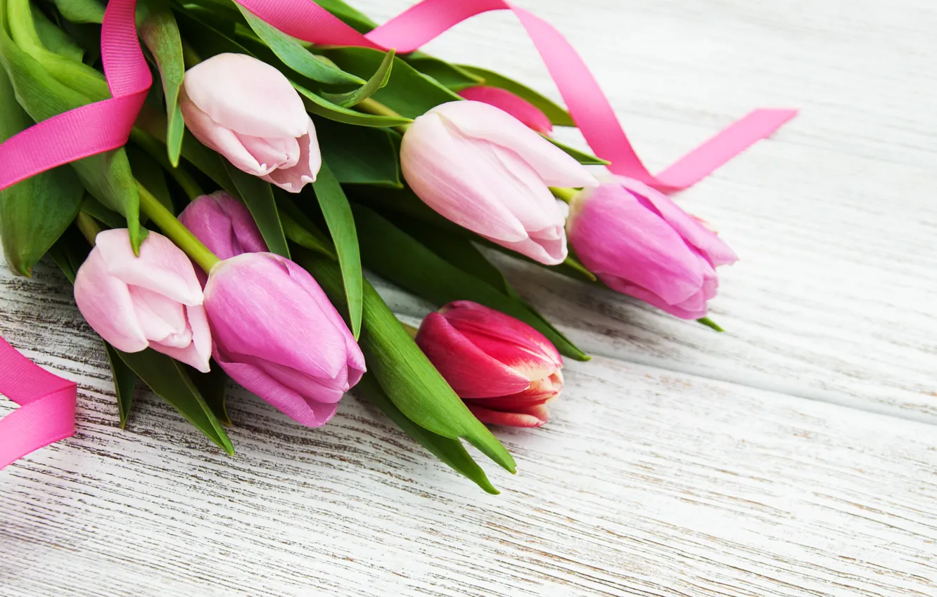 Photo wallpaper flowers, bouquet, colorful, tulips, wood, pink, flowers, tulips