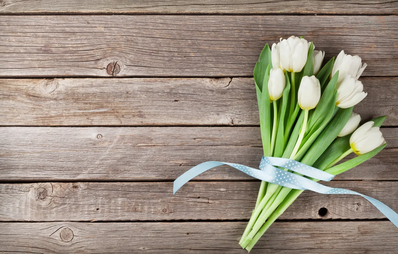 Photo wallpaper flowers, bouquet, tulips, white, wood, flowers, tulips, spring