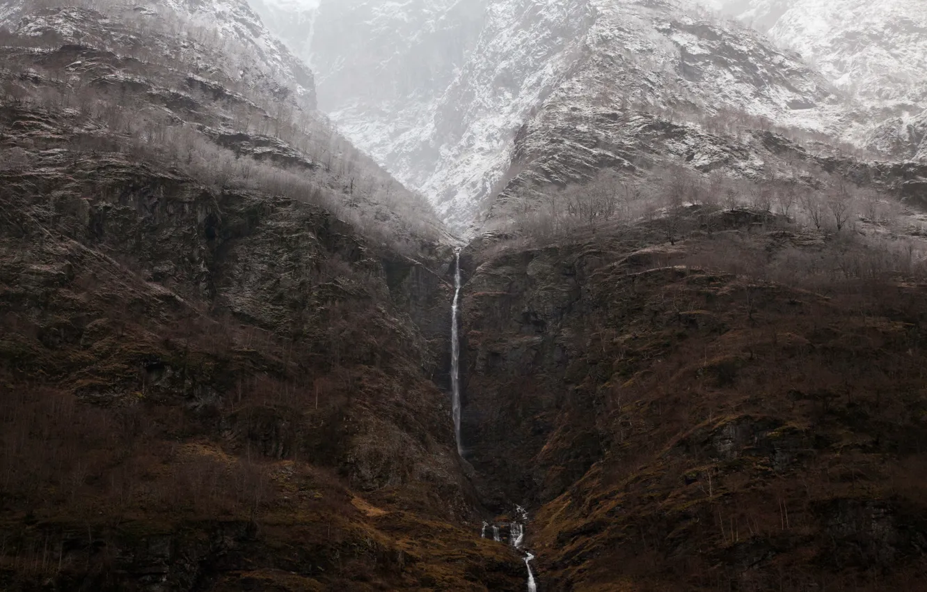 Photo wallpaper rock, winter, mountains, snow, fog, waterfall, mist, cliff