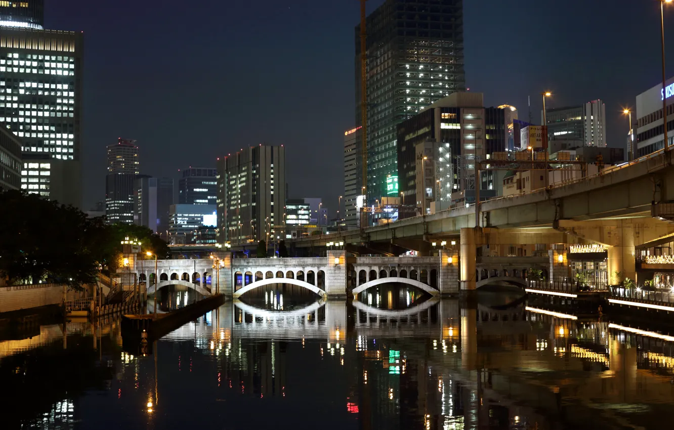 Photo wallpaper water, night, bridge, lights, reflection, home, skyscrapers, Japan