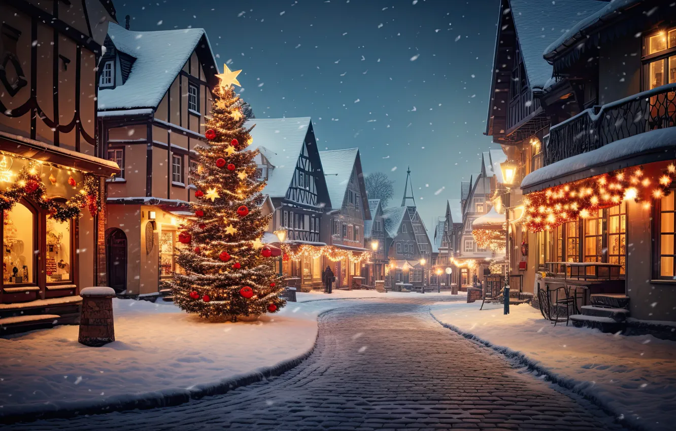 Photo wallpaper winter, snow, decoration, night, the city, lights, street, tree