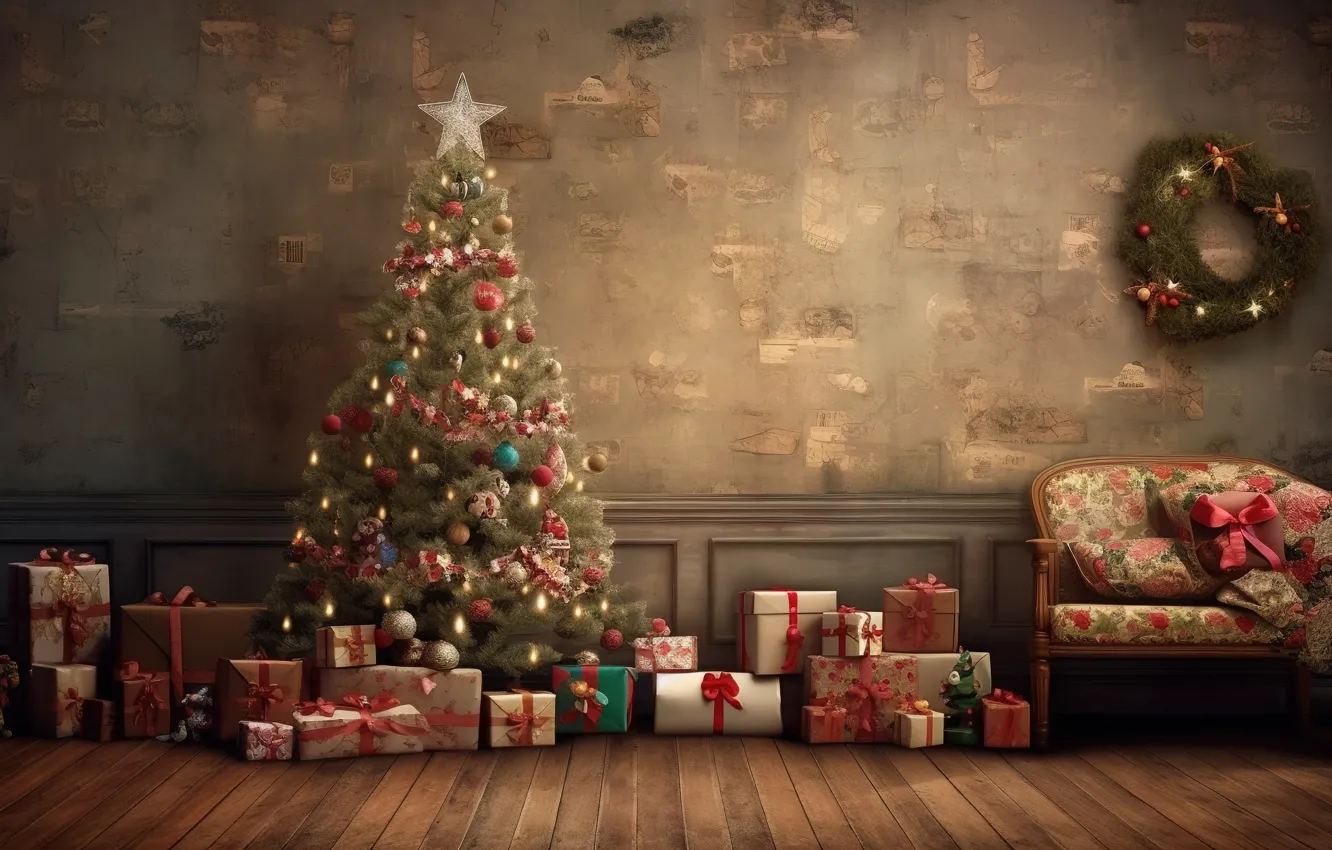 Photo wallpaper winter, decoration, gift, balls, tree, new year, interior, Christmas
