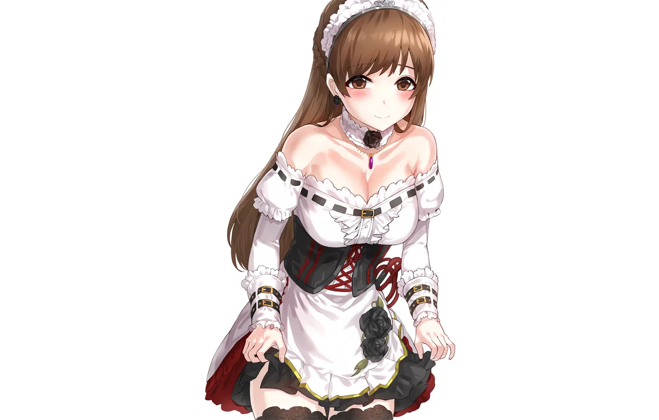 Photo wallpaper girl, sexy, cleavage, thighhighs, long hair, dress, brown hair, brown eyes