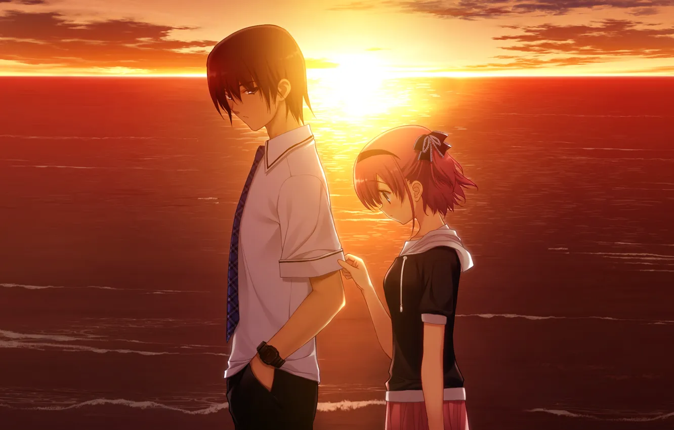 Photo wallpaper love, sunset, mood, the game, the evening, anime, two, komine sachi
