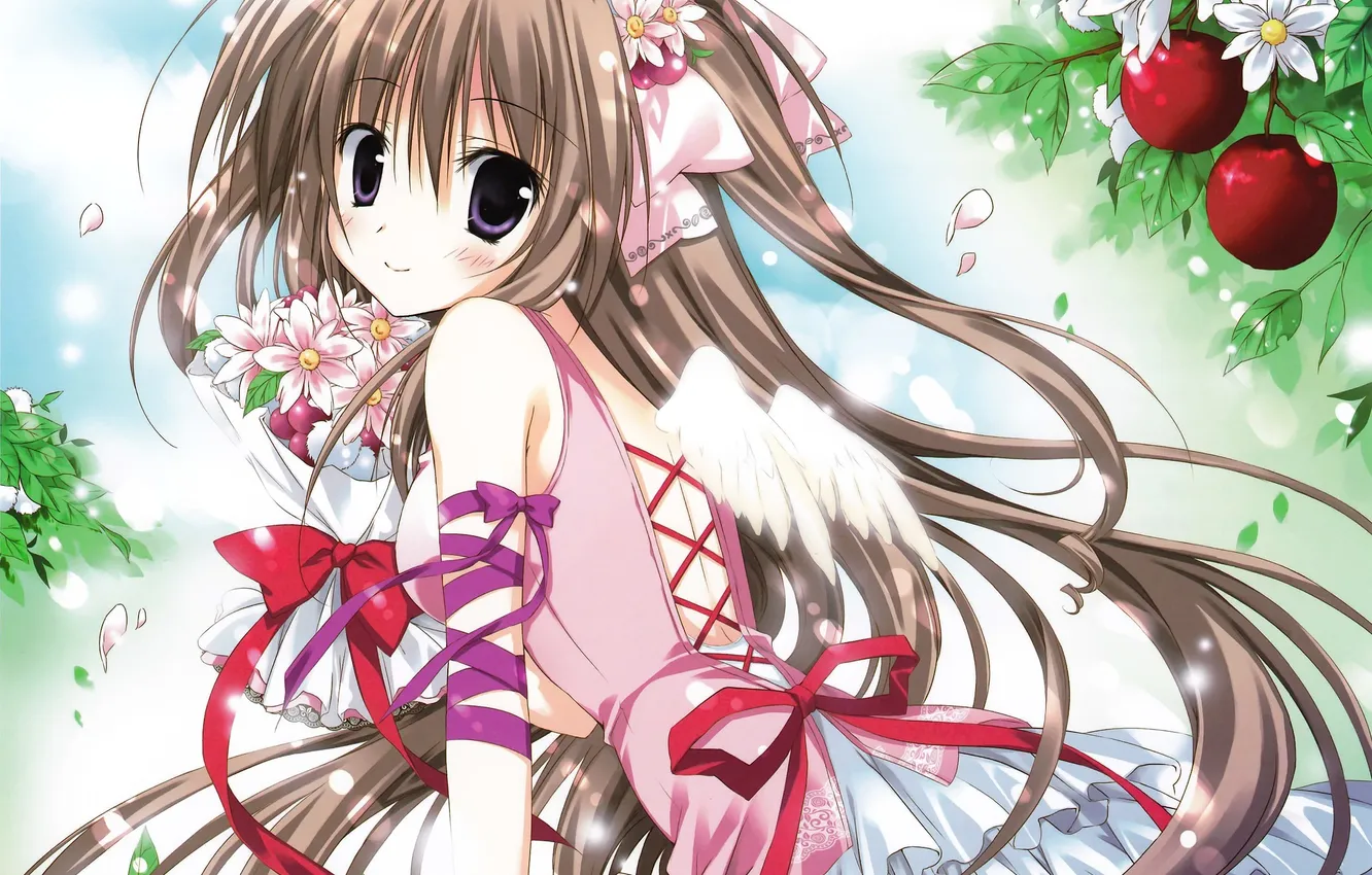 Photo wallpaper the sky, girl, clouds, flowers, wings, bouquet, anime, petals