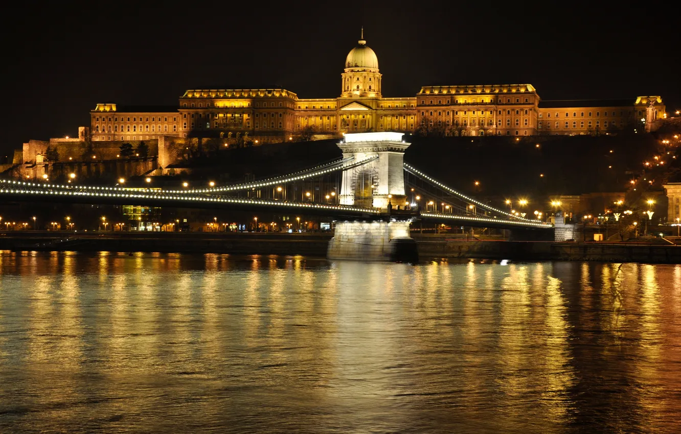 Photo wallpaper night, bridge, lights, river, Palace, Hungary, Budapest, The Danube