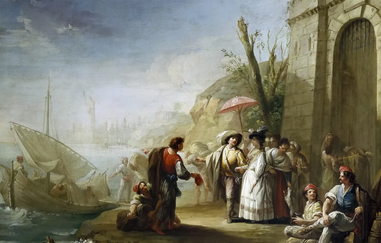 Photo wallpaper boat, people, picture, sail, genre, A walk on the beach, Mariano Salvador Maella