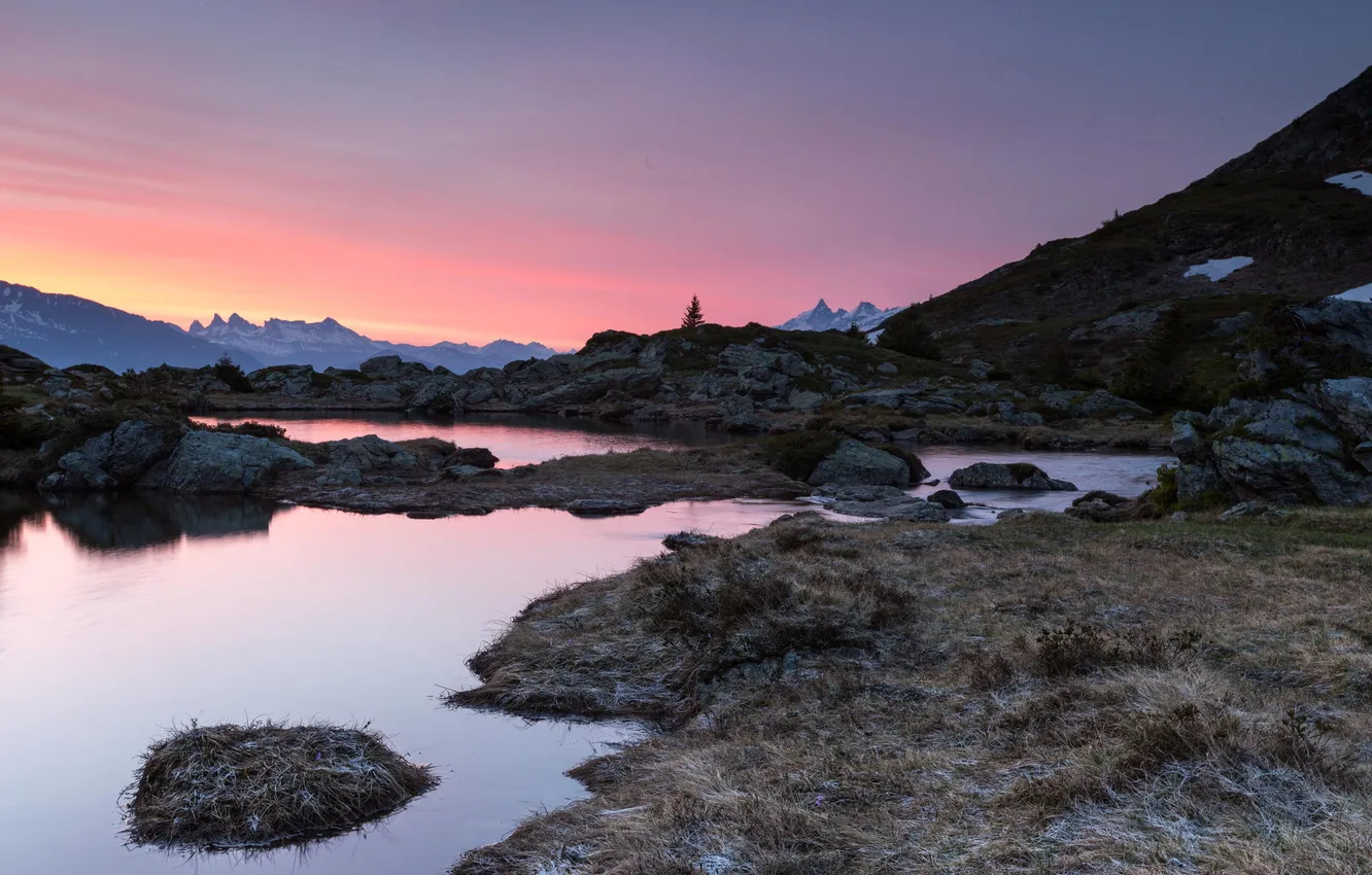 Photo wallpaper sunset, mountains, nature, river