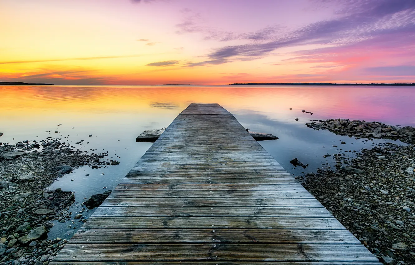 Photo wallpaper sea, landscape, sunset, bridge