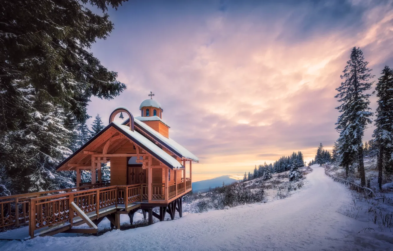 Photo wallpaper winter, snow, trees, chapel, Bulgaria