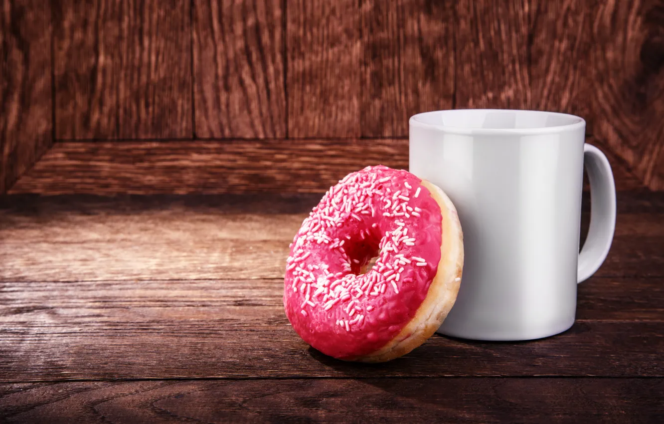 Photo wallpaper donuts, pink, cup, glaze, coffee, donut, a Cup of coffee
