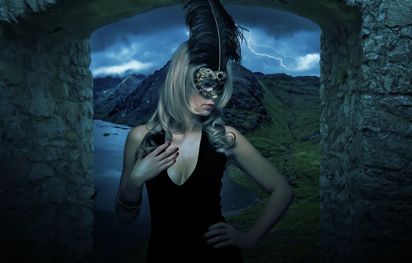 Photo wallpaper the storm, chest, look, girl, mountains, night, nature, face