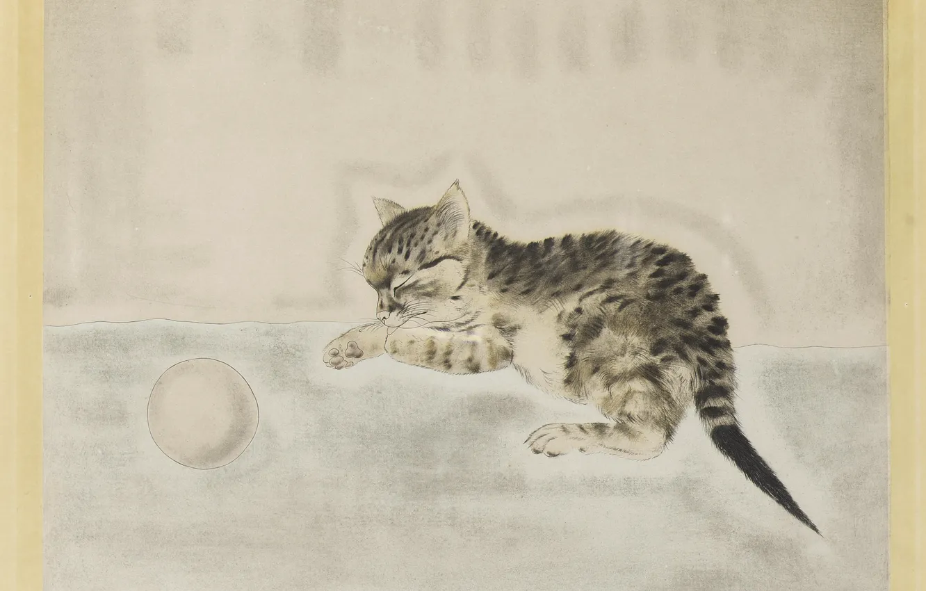 Photo wallpaper 1929, sleeping kitten, Tsuguharu, Fujita, etching and aquatint in color, Sarton ball