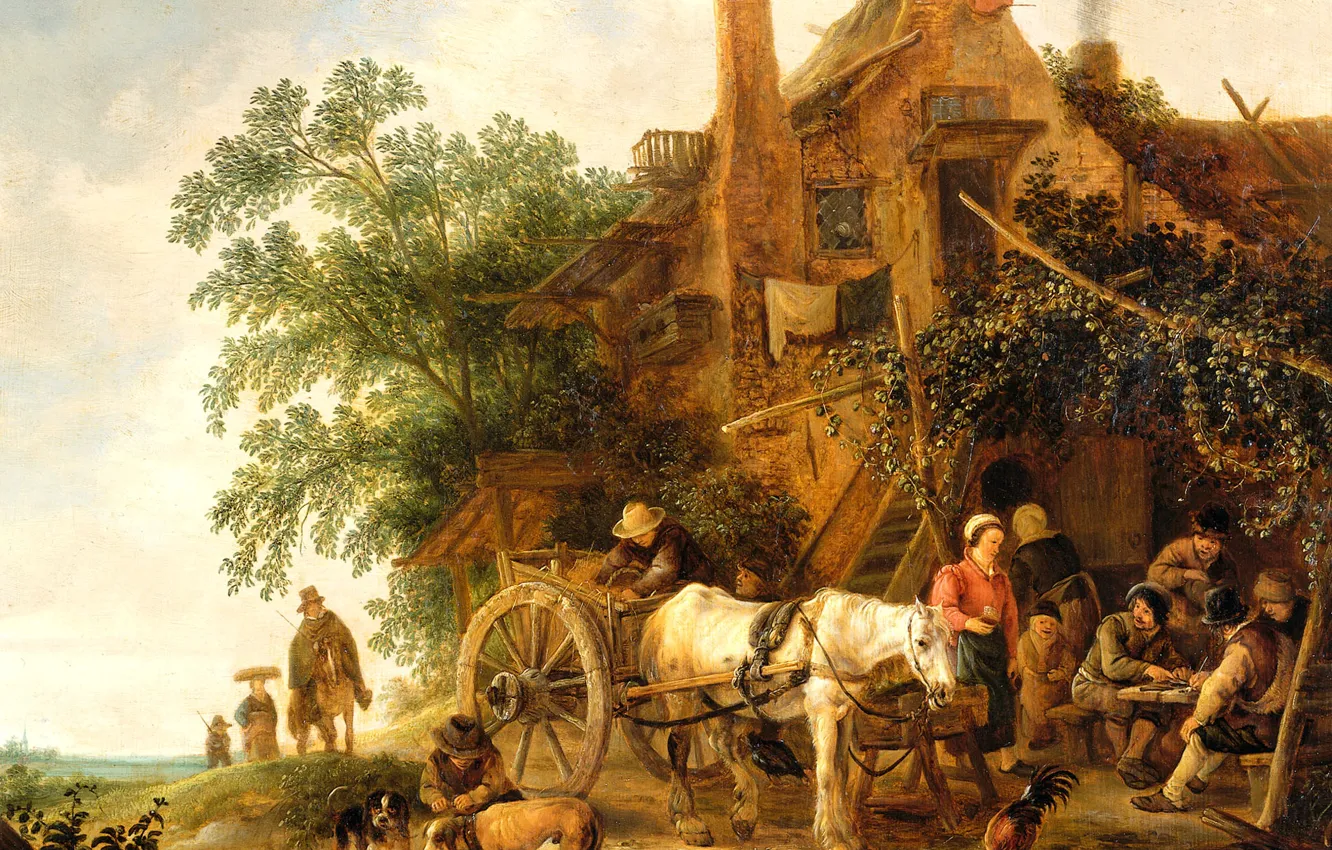 Photo wallpaper landscape, tree, oil, picture, Isaac van Ostade, Coaching Inn with a Horse-Drawn