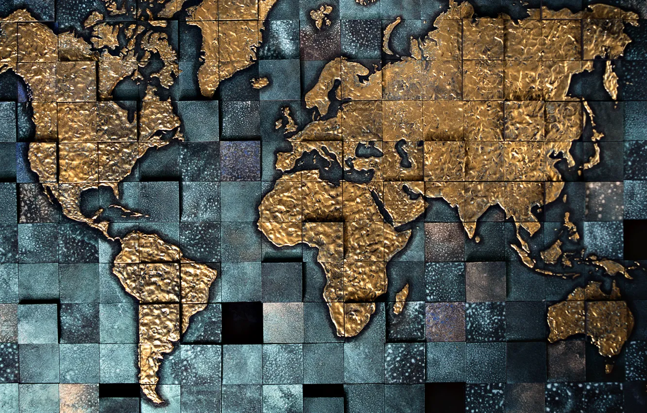 Photo wallpaper map, continents, the volume, square