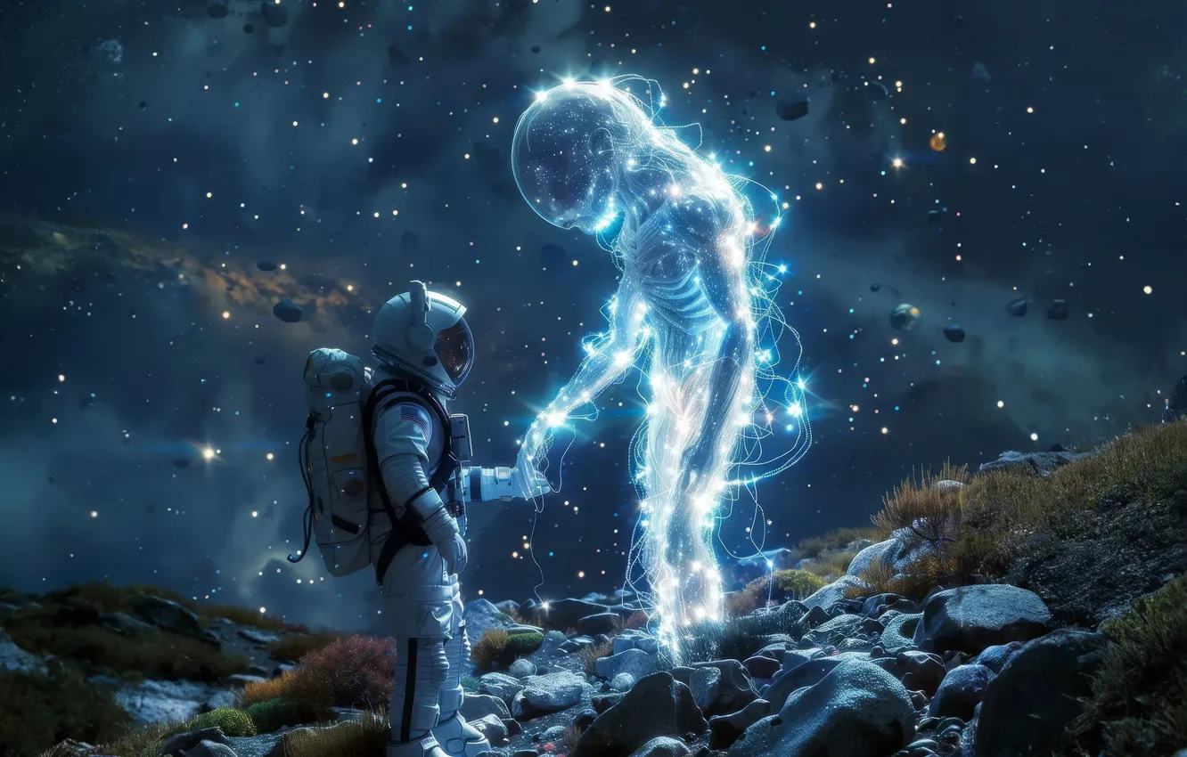 Photo wallpaper the sky, space, stars, astronaut, alien, aura