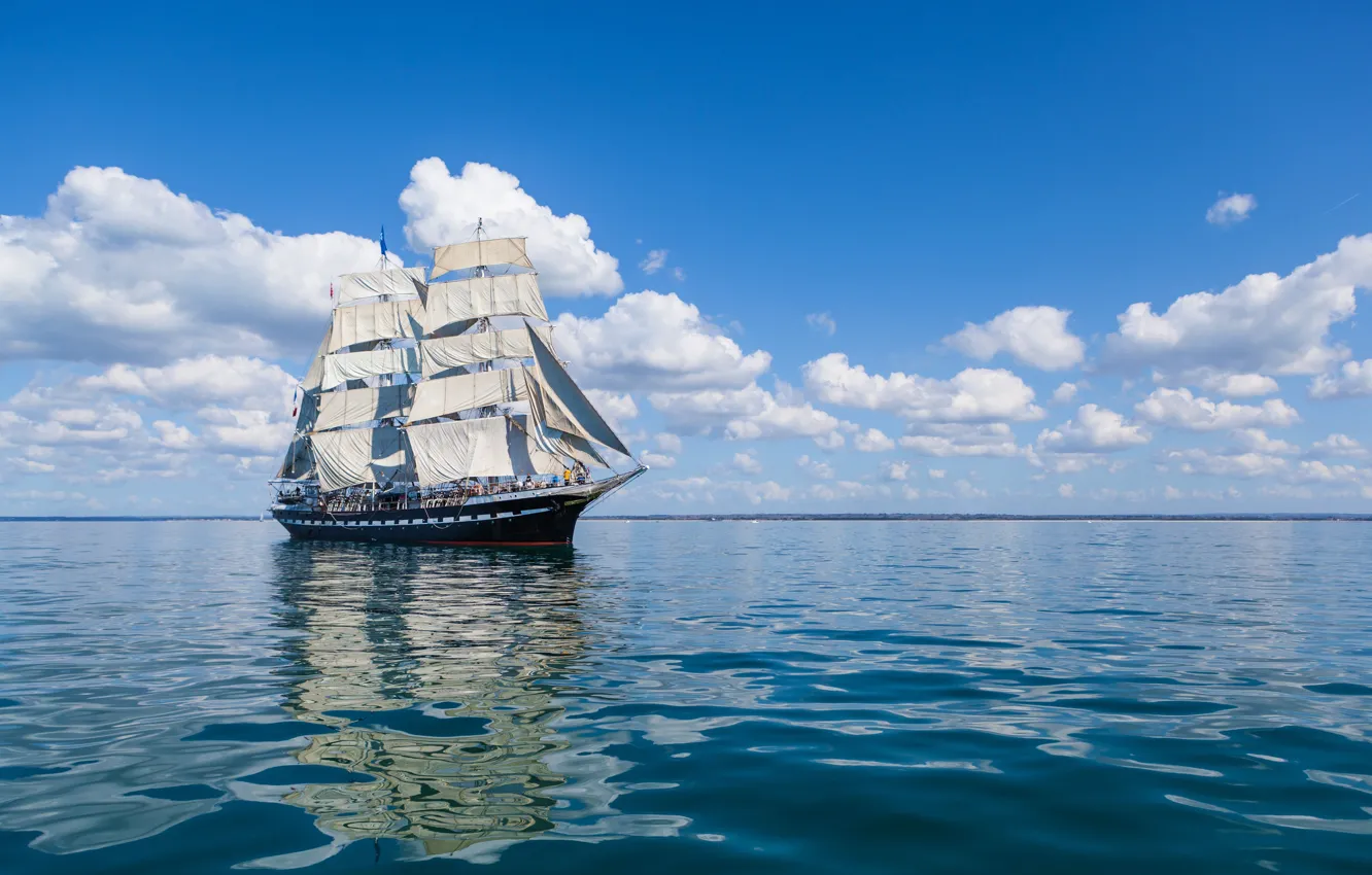 Photo wallpaper sea, clouds, reflection, ship, sails