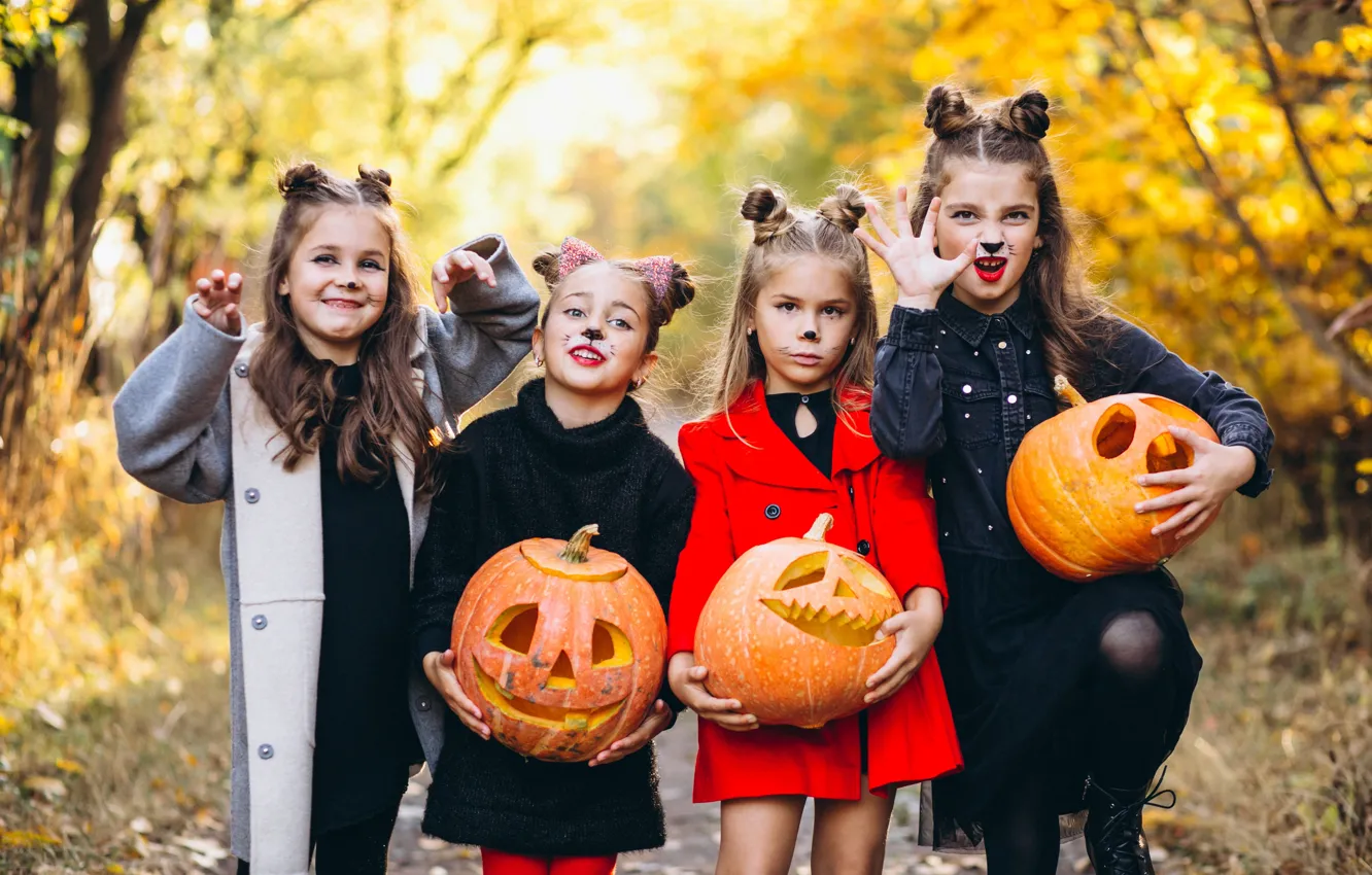 Photo wallpaper autumn, look, nature, children, pose, Park, holiday, the game