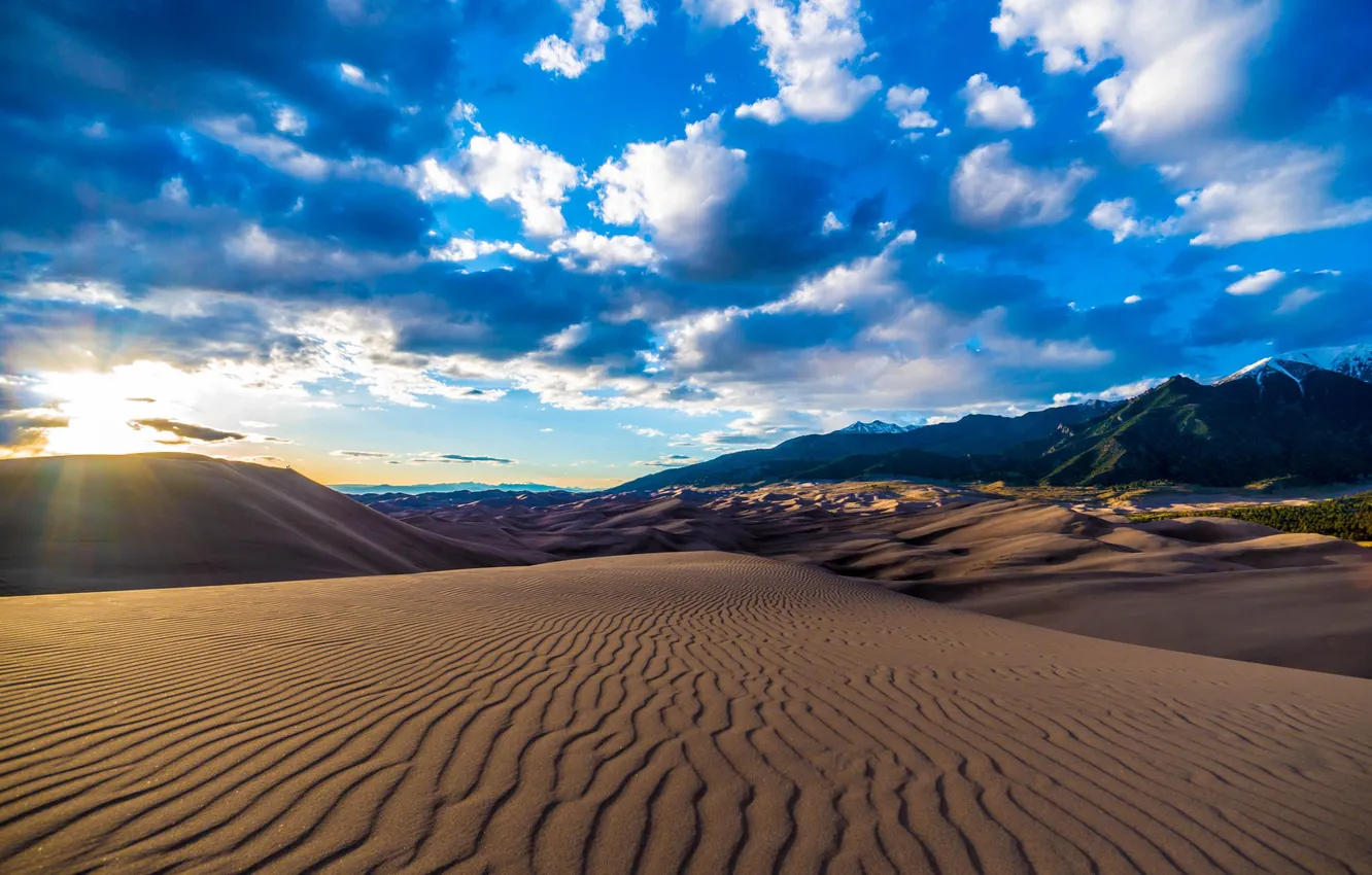 Photo wallpaper sand, the sky, the sun, clouds, landscape, sunset, mountains, nature