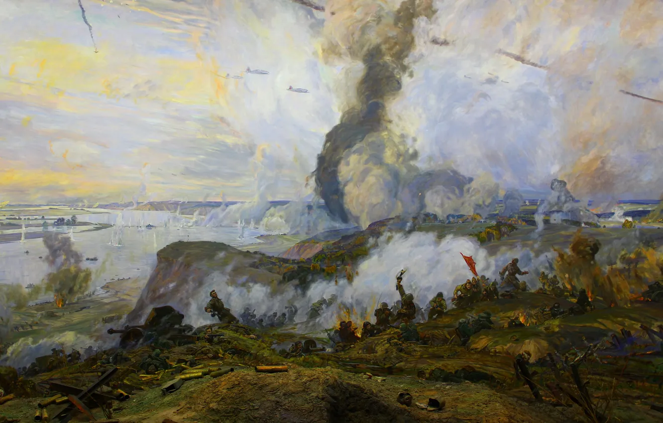 Photo wallpaper Smoke, River, Aircraft, War, Battle, Picture, Moscow, Soldiers