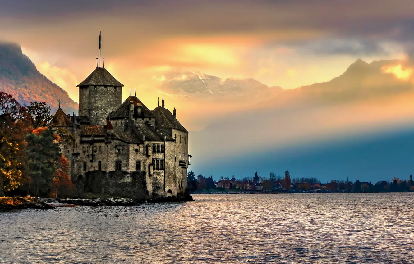 Photo wallpaper landscape, mountains, nature, fog, lake, castle, Switzerland, Lake Geneva