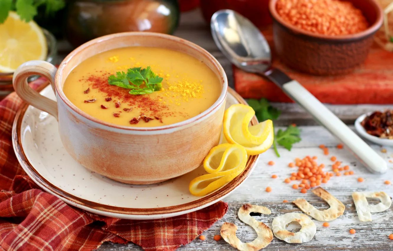 Photo wallpaper lemon, soup, spices, lentils