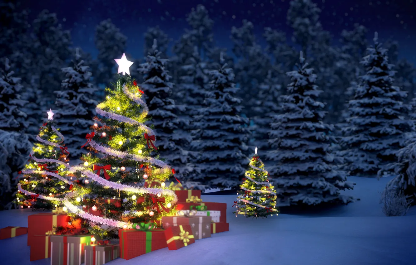 Photo wallpaper winter, snow, tree, new year, gifts, garland, tinsel, Christmas