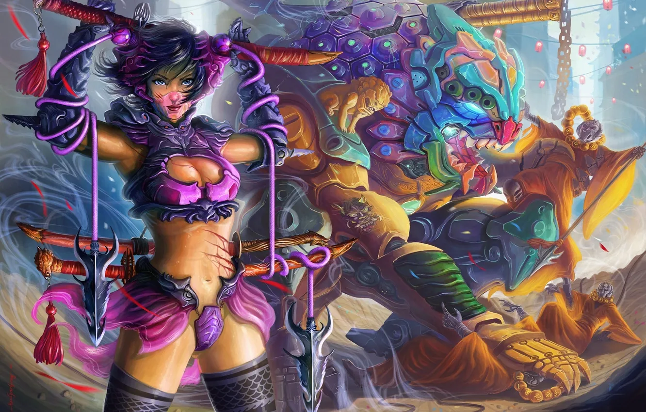 Photo wallpaper girl, weapons, monster, art