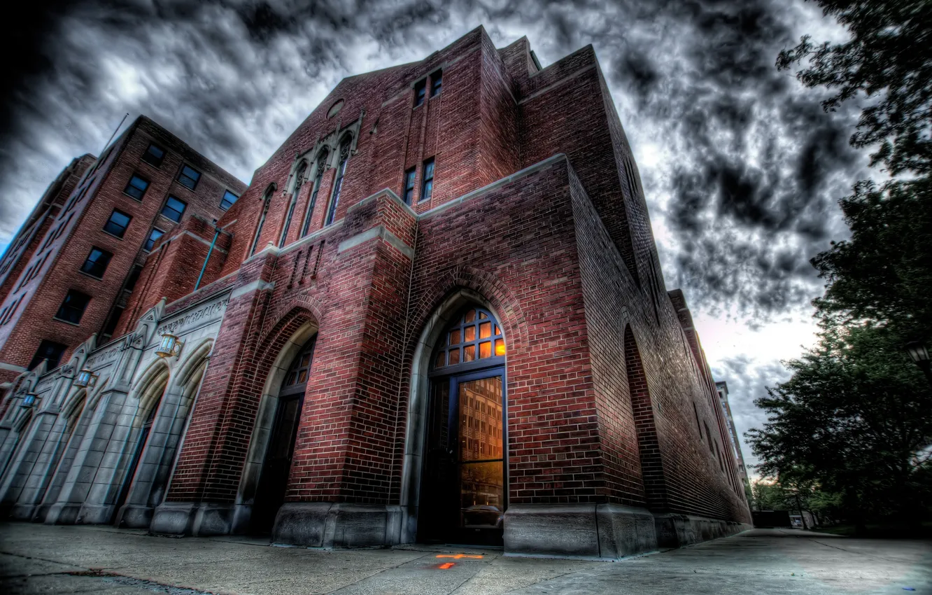 Photo wallpaper windows, trees, bricks, clouds, building, sidewalk, Doors