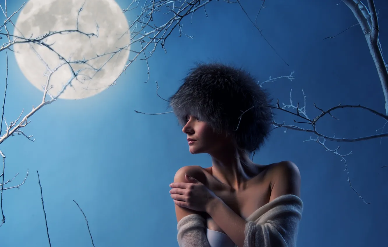 Photo wallpaper girl, night, branches, the moon, hat, profile, bra, fashion