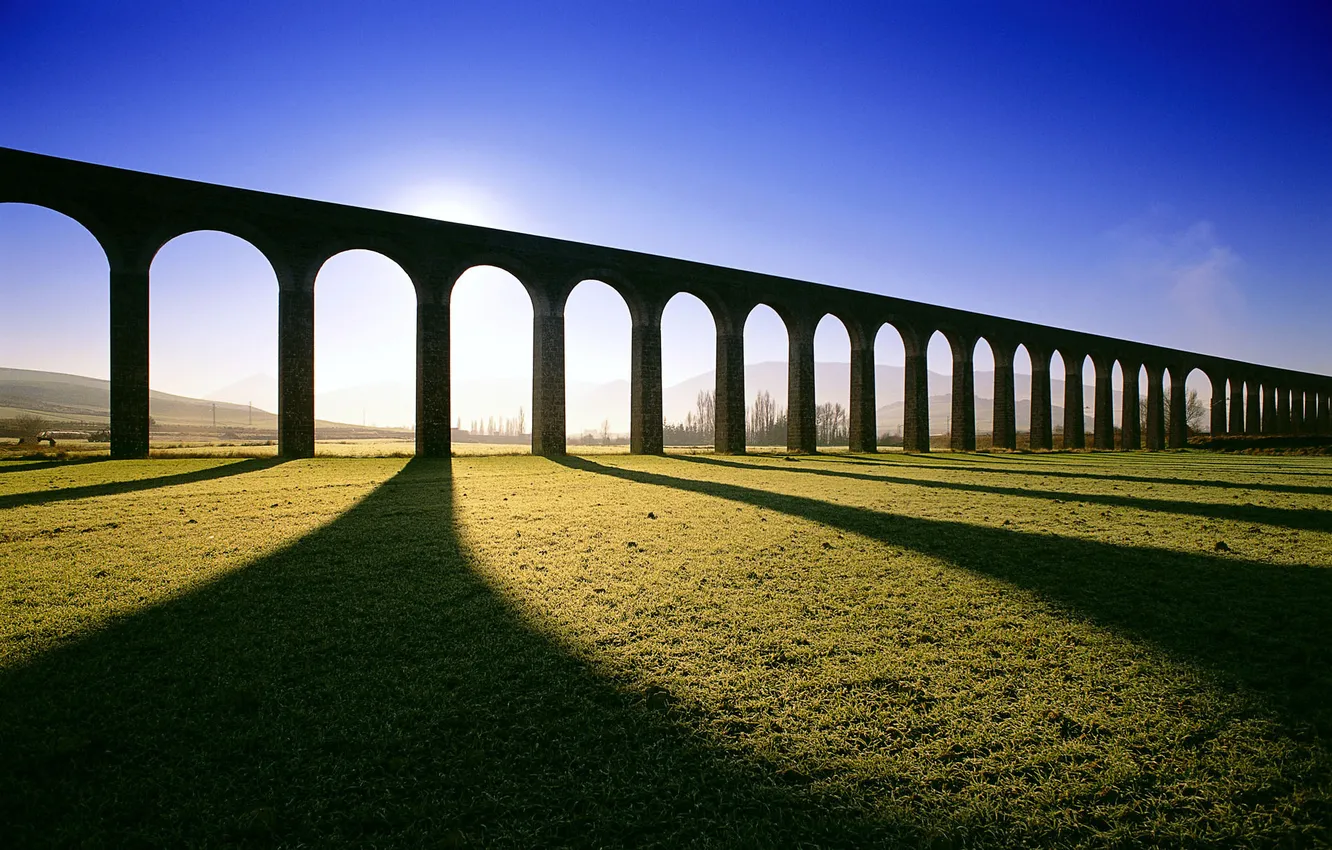Photo wallpaper field, the sky, grass, hills, shadow, arch, Spain, aqueduct