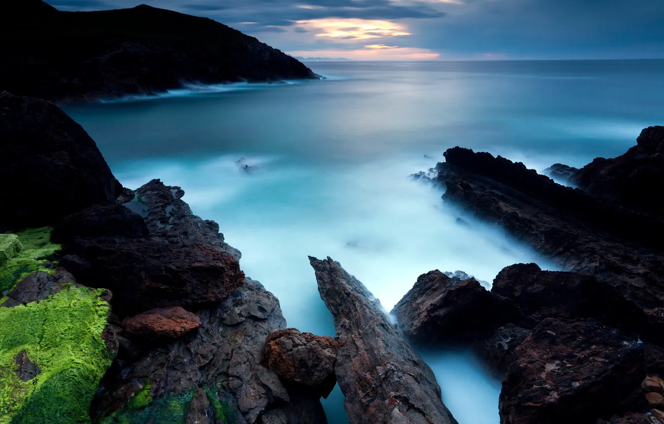 Photo wallpaper sea, landscape, sunset, rocks