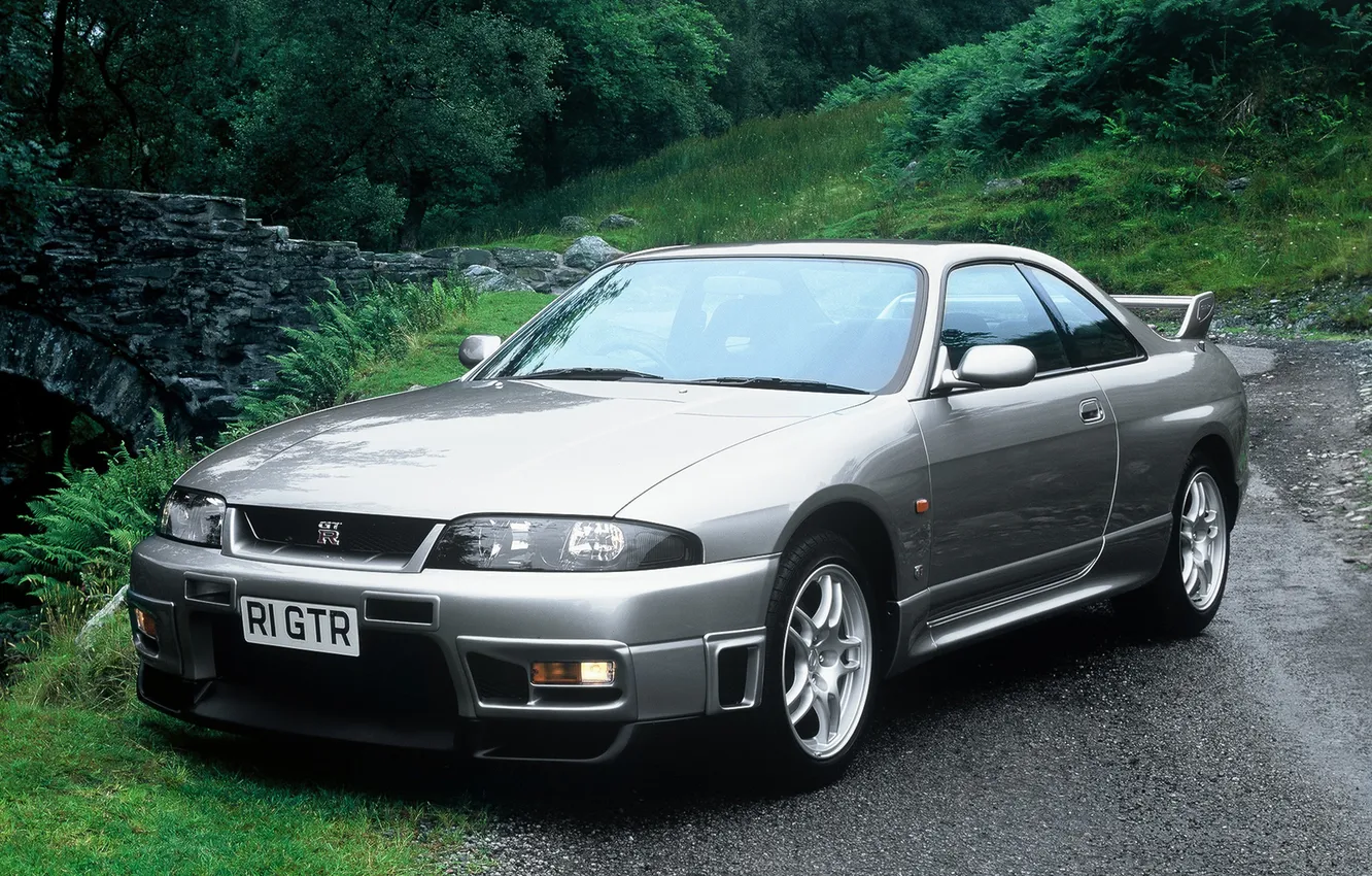 Photo wallpaper road, grass, silver, Nissan, GT-R, sports car, car, the bushes