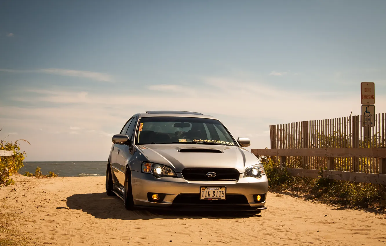 Photo wallpaper sand, shore, Subaru, Subaru, Legacy, legacy, sports sedan