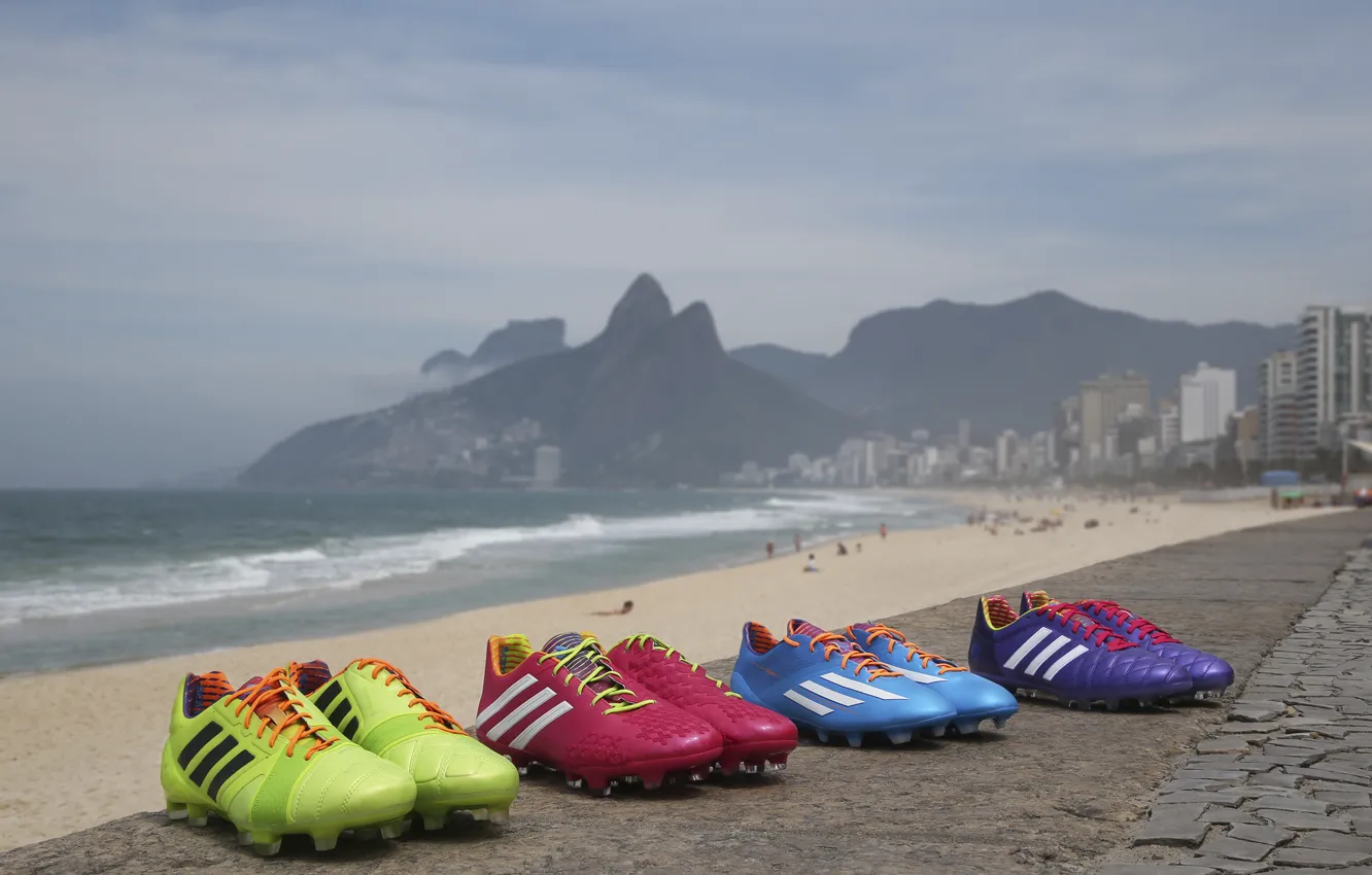 Photo wallpaper beach, mountains, the ocean, football, Brazil, adidas, Brasil, adizero