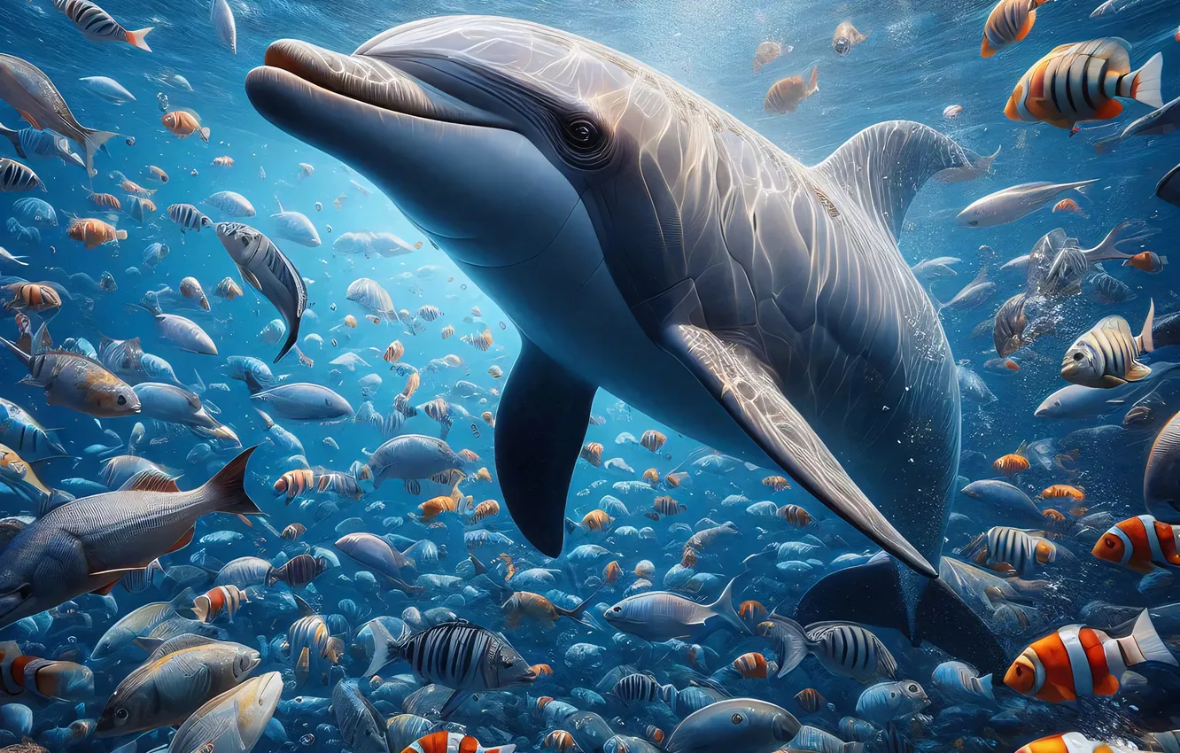 Photo wallpaper fish, dolphins, underwater world