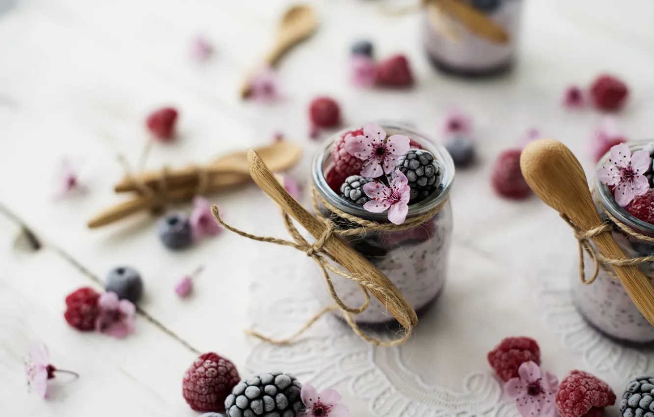 Photo wallpaper flowers, berries, dessert, spoon