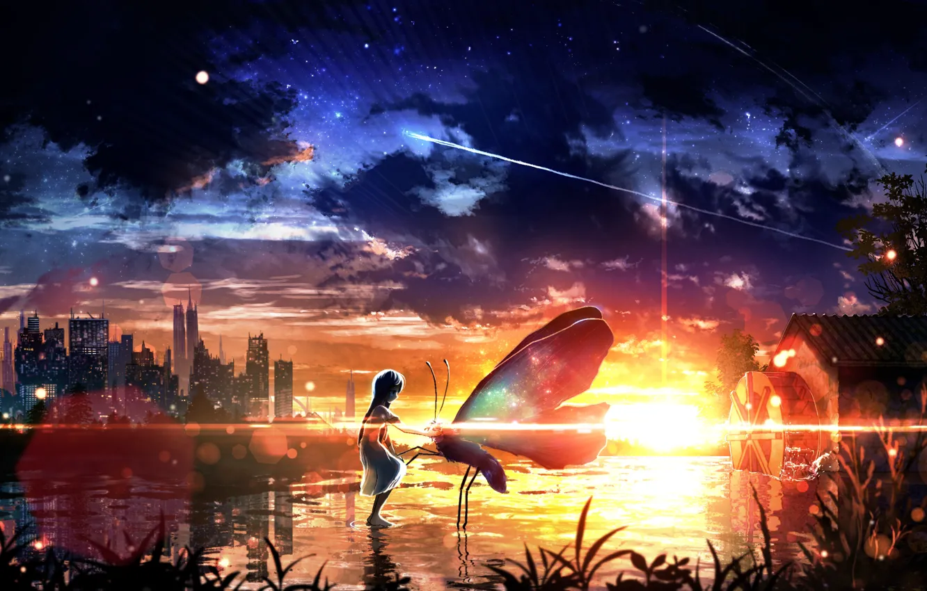 Photo wallpaper water, girl, sunset, the city, butterfly, fantasy