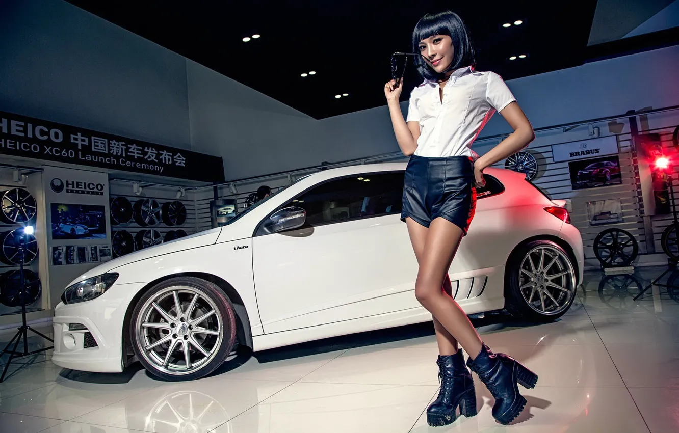 Photo wallpaper look, Girls, Volkswagen, Asian, beautiful girl, is above the machine, white car