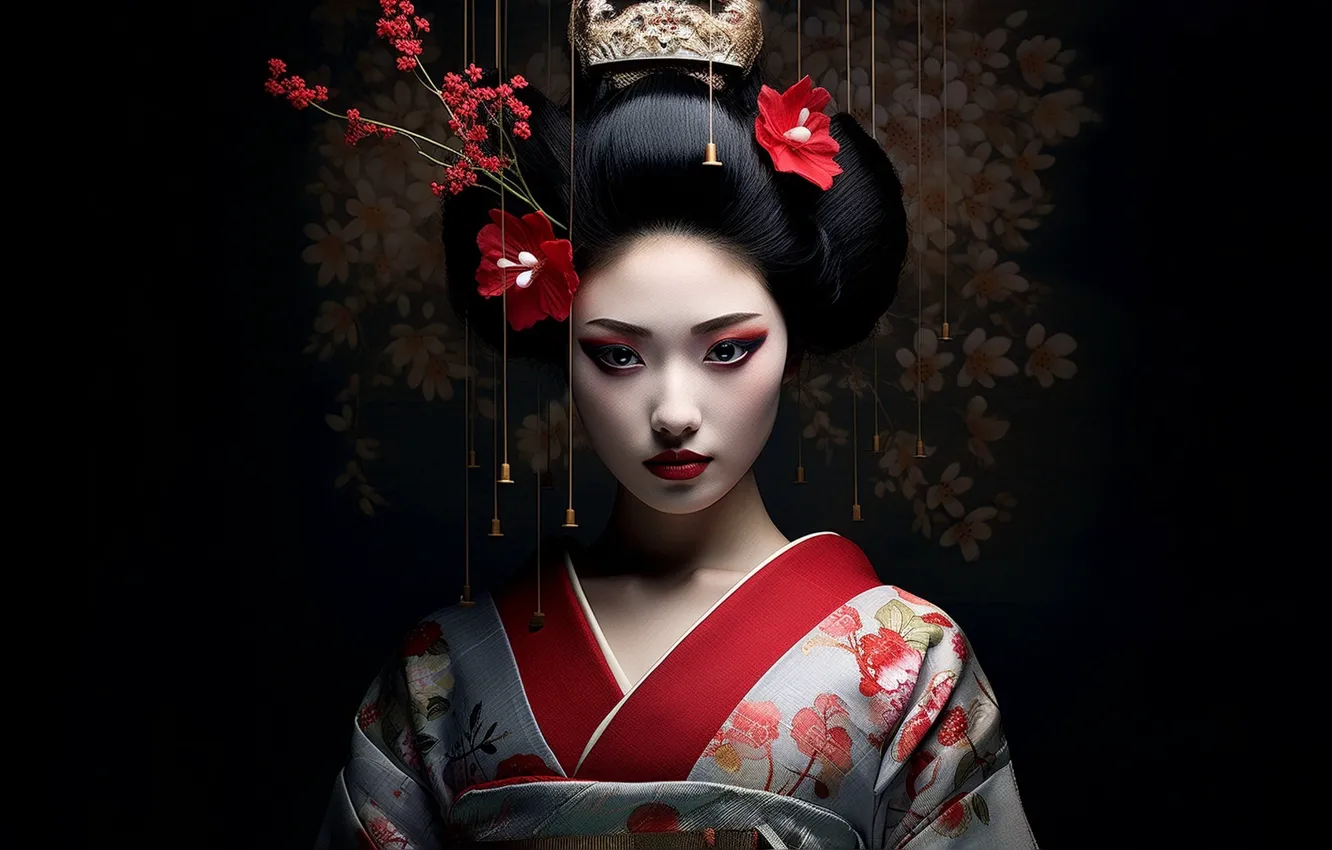 Photo wallpaper widescreen, girls, flowers, background, people, neural network