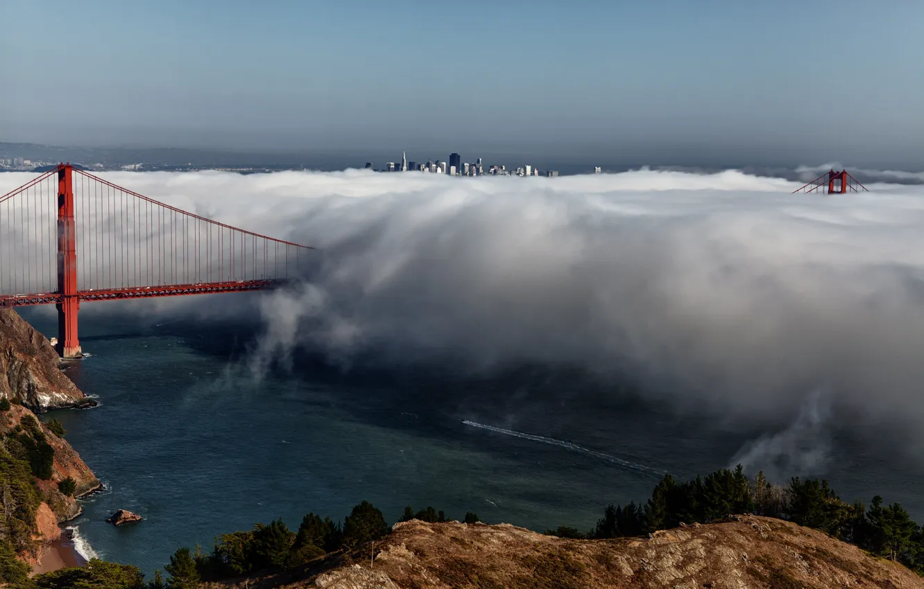 Photo wallpaper the city, fog, CA, San Francisco, USA, San Francisco, Golden Gate вridge, suspension bridge