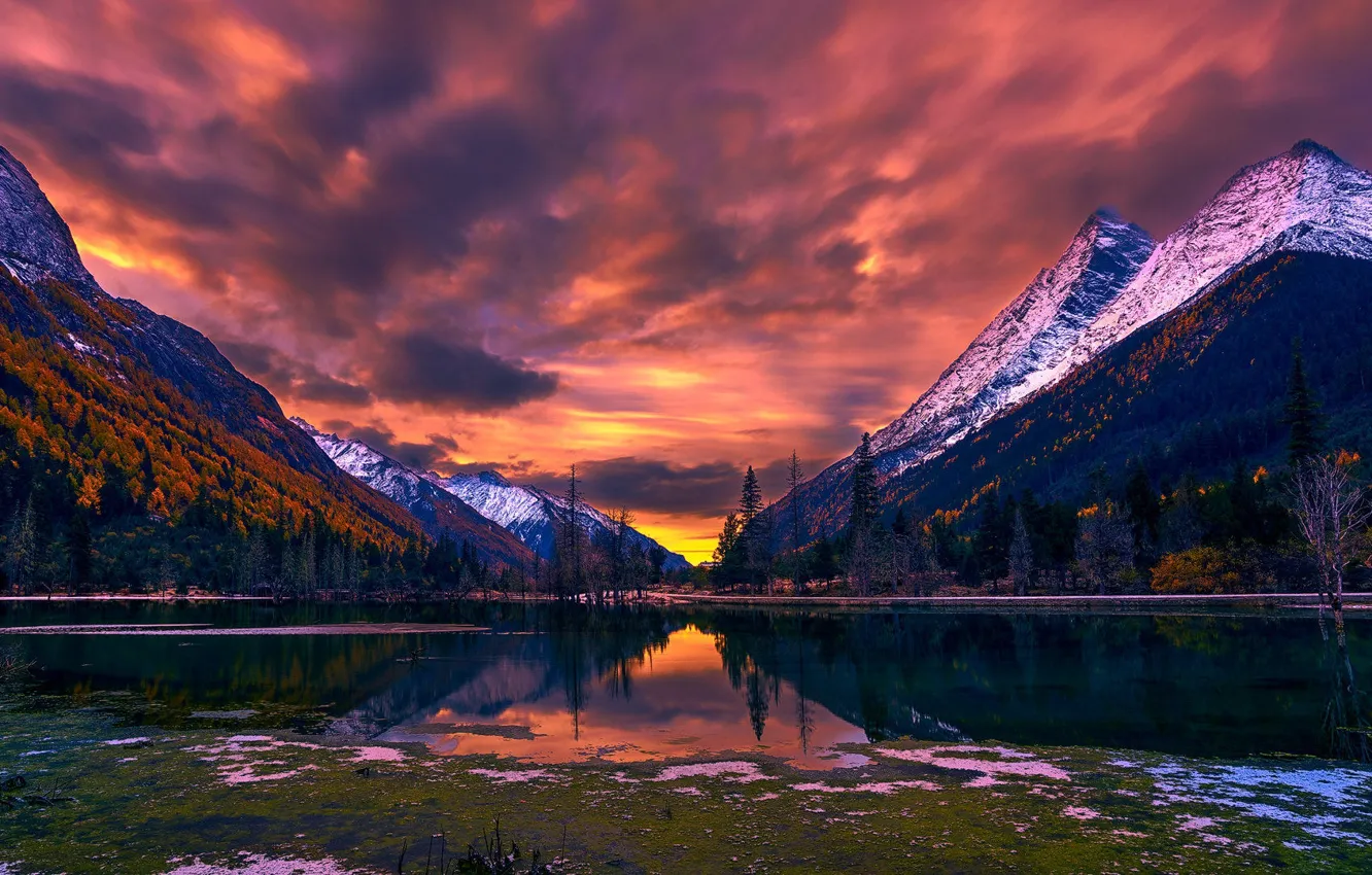 Photo wallpaper autumn, forest, the sky, sunset, mountains, shore, pond