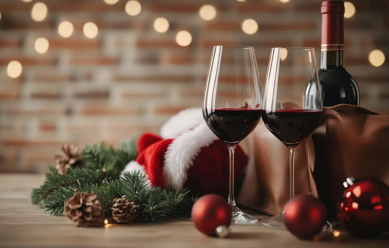 Photo wallpaper balls, branches, lights, table, wine, glass, bottle, new year