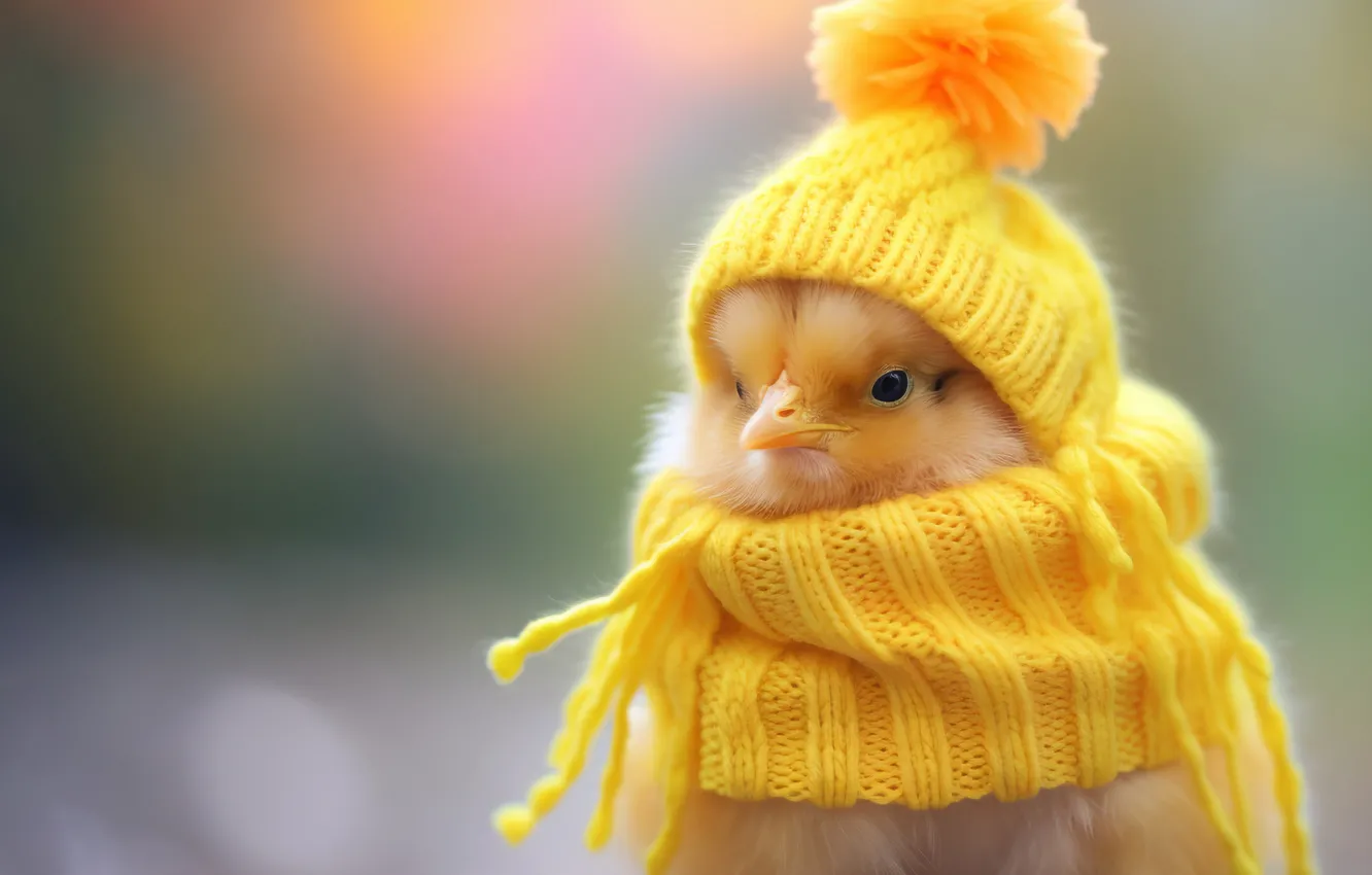 Photo wallpaper scarf, chicken, chick, cap, in yellow, AI art, neural network