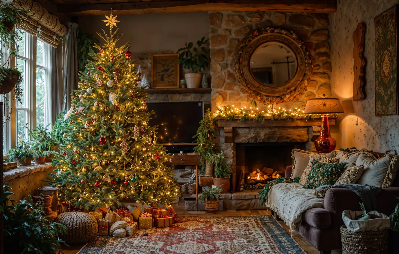 Photo wallpaper room, tree, new year, interior, Christmas, Christmas, view, tree
