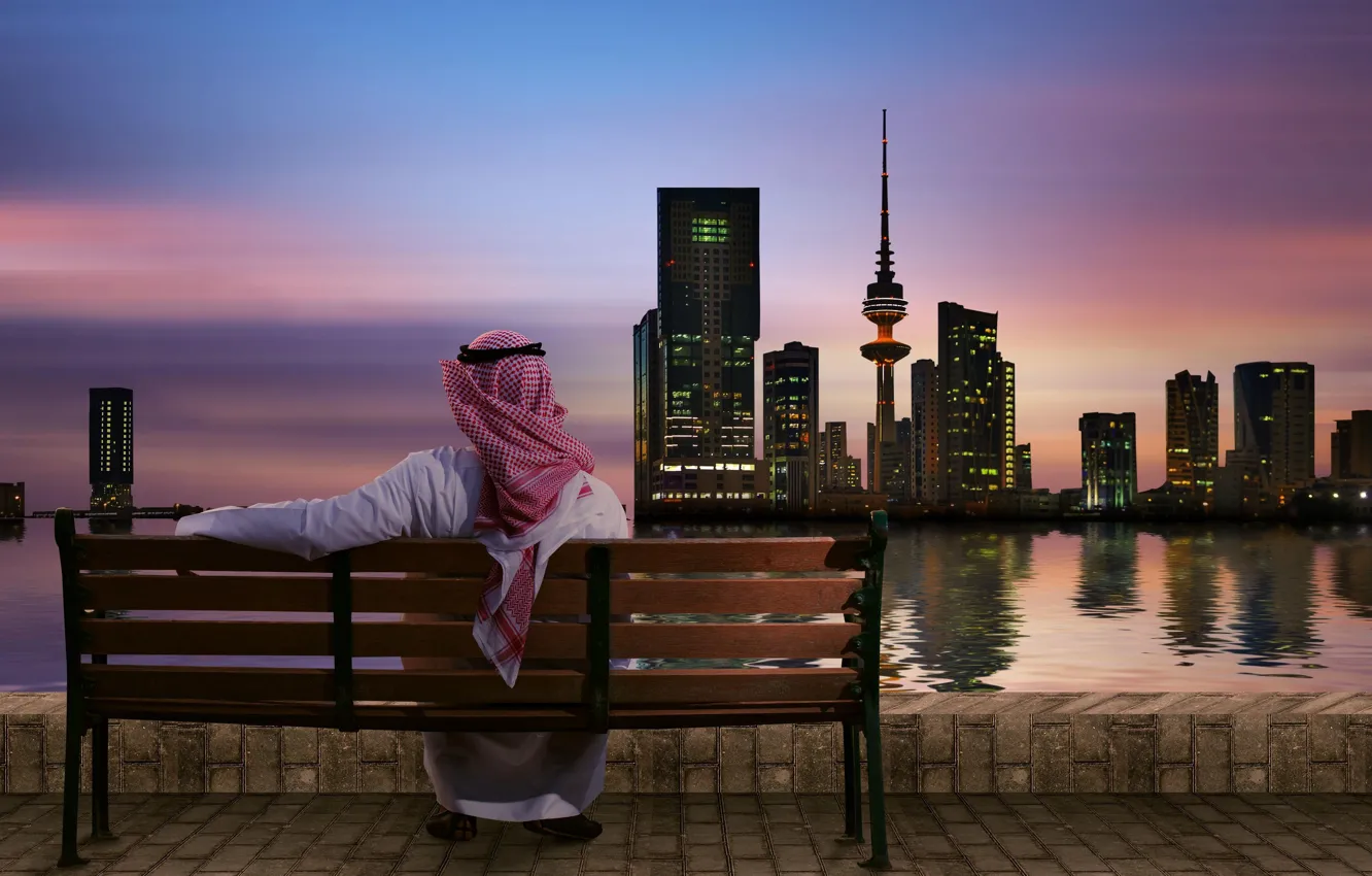 Photo wallpaper bench, city, skyscrapers, the evening, back, male, The Persian Gulf, Kuwait