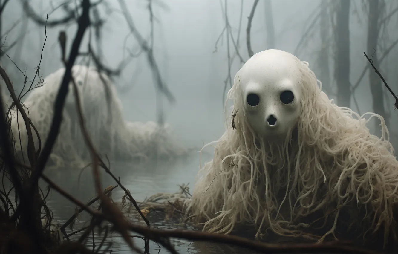 Photo wallpaper look, water, trees, fog, monster, digital art, Supernatural Beings, AI art