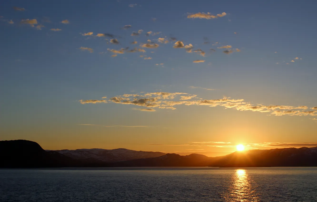 Photo wallpaper sea, the sky, the sun, sunset, mountains, shore