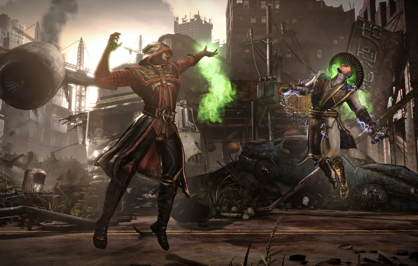 Photo wallpaper magic, battle, arena, Raiden, Ermac, Mortal Kombat X