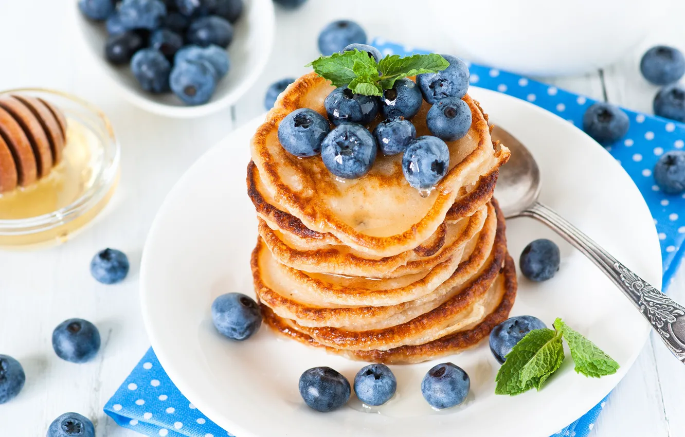 Photo wallpaper honey, blueberries, pancakes